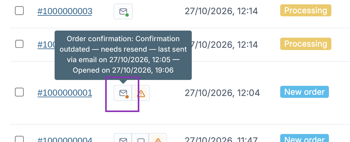 Order list with the tooltip on an envelope icon reading Confirmation outdated — needs resend, with when it was last sent and opened