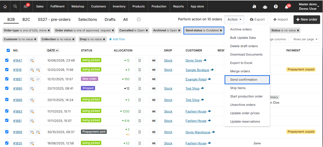 Order list filtered by Send status is Outdated, with orders selected and Send confirmation highlighted in the Action menu