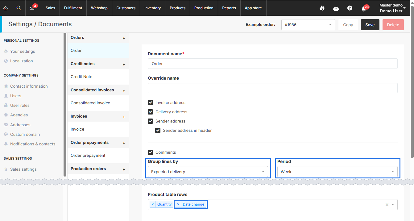 Settings / Documents for the Order document, with Group lines by set to Expected delivery, Period set to Week, and Date change added under Product table rows