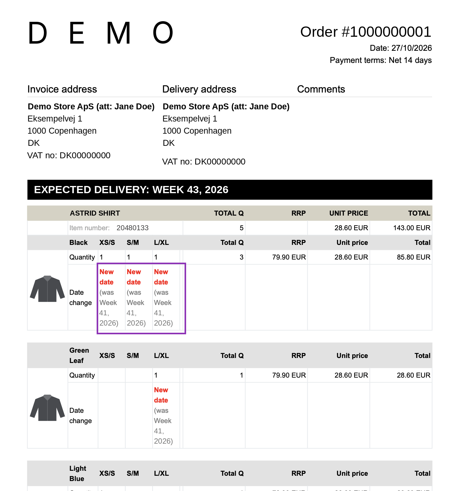 Order confirmation grouped under Expected delivery: Week 43, 2026, with the Date change row showing New date in red and (was Week 41, 2026) underneath
