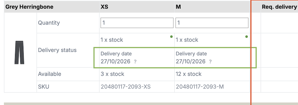 A product line with the delivery status row highlighted in green, showing the expected delivery date for each size