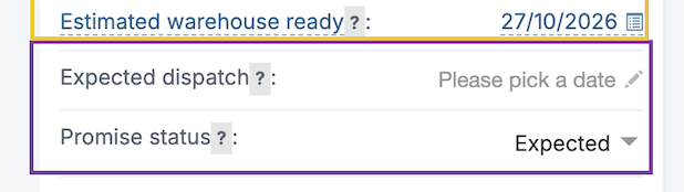 The Expected dispatch and Promise status fields in the order summary, highlighted in purple
